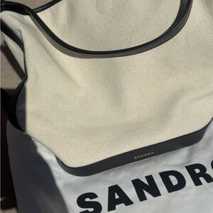 Sandro Ivory Canvas and Black Leather Tote